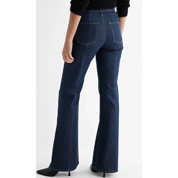 Express Mid Rise Dark Wash Back Center Seam '70s Flare Jeans Size 12 Short 12S - Picture 1 of 14